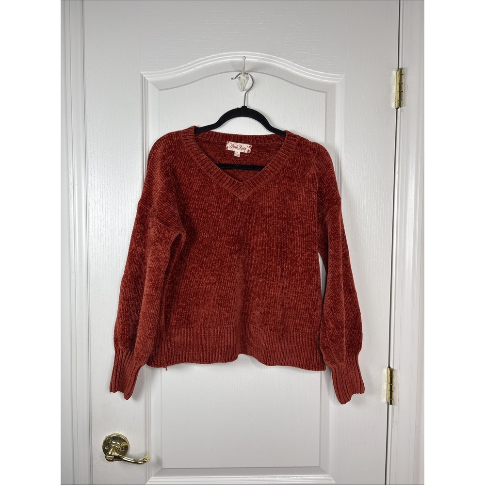 Pink Rose Chenille V Neck Sweater Womens Small Rust Orange Cozy Fall Pullover